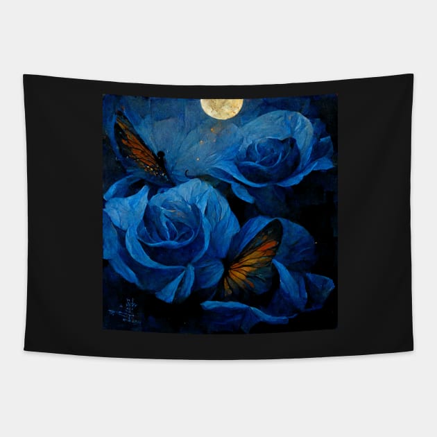 Butterfly at Blue Roses Tapestry by DarkAgeArt