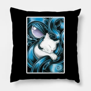 Cthulhu And White Cat Friend - White Outlined Version Pillow