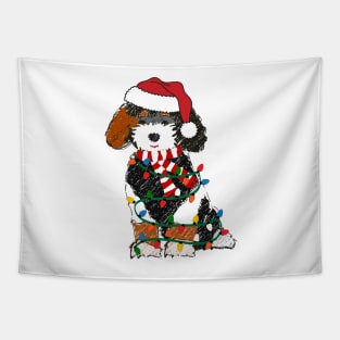 Cute Bernedoodle Wrapped In Christmas Lights Tapestry