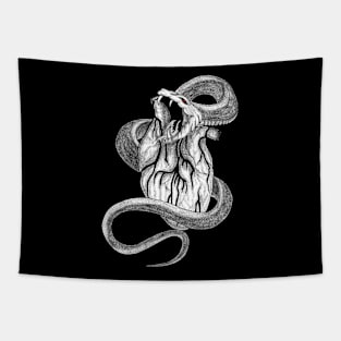 Dark art snake coiled around heart Tapestry