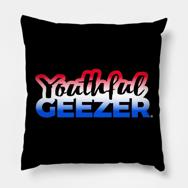 Youthful Geezer Brand Logo Red White Blue Logo Pillow by YouthfulGeezer