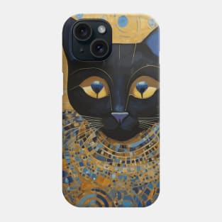 Klimt Black Cat in Elegant Blue and Gold Robe Phone Case