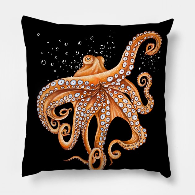 Orange Red Octopus Tentacles Kraken Bubbles Art Light Pillow by Seven Sirens Studios