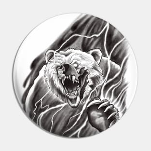 Roaring Bear breaking through the Mist in a Lightning Storm Tattoo Design Pin