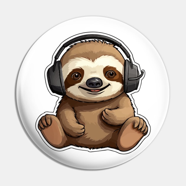 Cute Sloth Wearing Headphones Pin by VelvetRoom