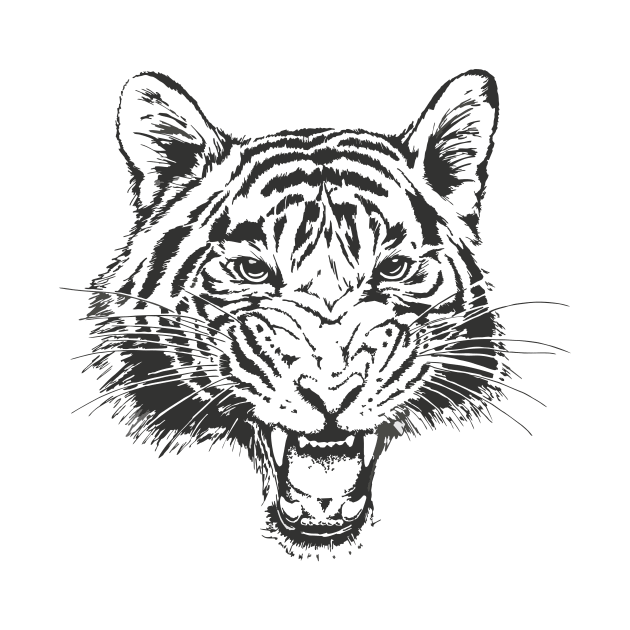 Hand-Drawn Tiger Head Sketch Teeth Growling Outline by Bartlett Art Works