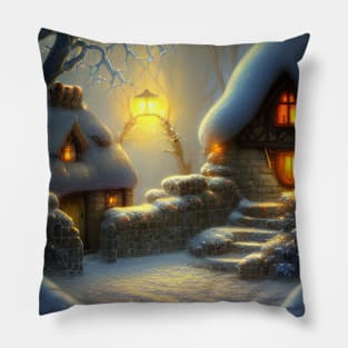 Magical Fantasy Cottage with Lights In A Snowy Scene, Scenery Nature Pillow