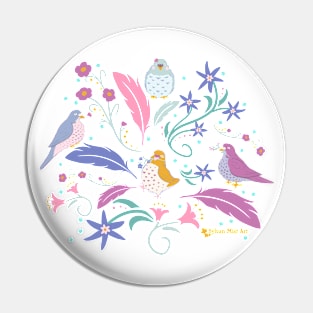 Colorful Pigeons with Flowers Pin