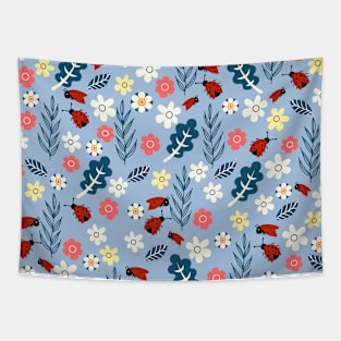 Spring meadow in bloom with ladybirds on sky blue background Tapestry
