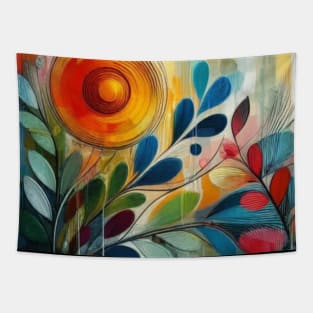 Abstract Orange Blue Red Flower and Leaves Tapestry