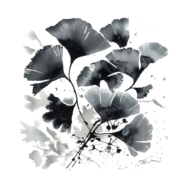 Gingko leaves Sumie painting Japan art by geekmethat