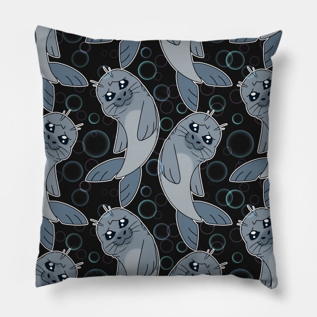 Sad Seal - Sea of Circles Pattern (Ink, Outlined) Pillow by K-Tee's CreeativeWorks