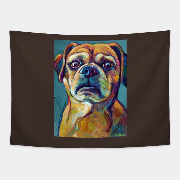 Cute Puggle On Blue Tapestry by RobertPhelpsArt