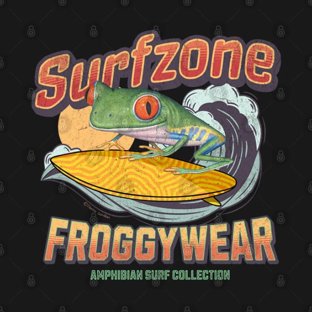 Cute and Funny red eyed tree frog surfing using froggy wear amphibian surf attire tee by Danny Gordon Art