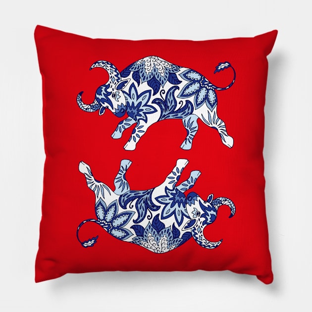 Paisley Oxen (Blue and Red Palette) Pillow by illucalliart