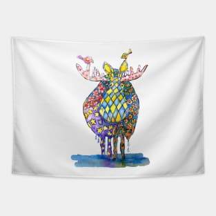 Cute Moose Watercolor Art with Bird Friends Tapestry