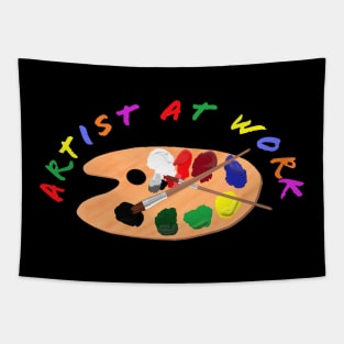 Artist at Work. Wooden Artist Palette with Colorful Paints and Brushes. Multicolored Lettering. Black Background. Tapestry