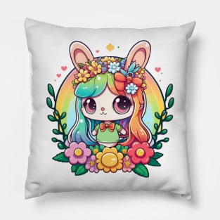 Happy Easter Bunny Girl In Basket. Spring Rainbow Flowers Pillow