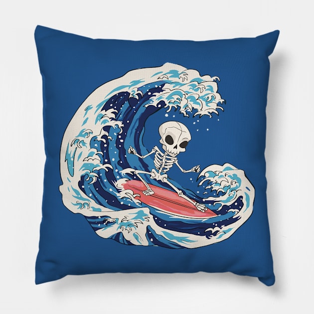 Cool Surfing Skeleton Riding a Great Wave Pillow by SLAG_Creative