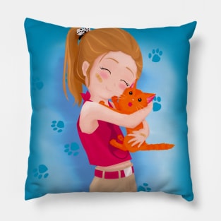 Girl with her cat Pillow