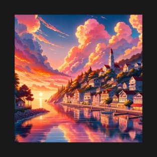 Sunset Coastal Town Anime Landscape T-Shirt