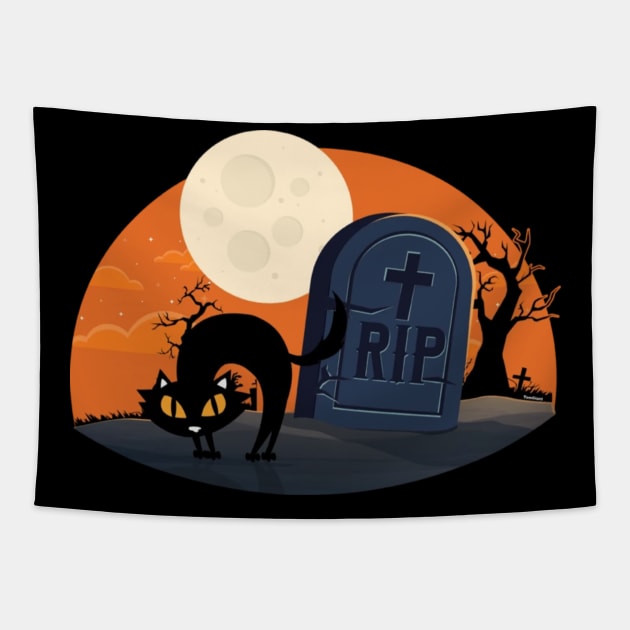 Full Moon Black Cat Cute Yet Spooky Halloween Costume Tapestry by Yassmina