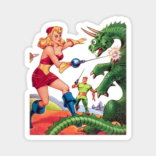 REVISTANGO #82 - Space Heroine Battles Atomic Dragon with Blazing Energy Sword Amid Crimson Planet Skies and Brilliant Cosmic Explosion Captured in Radiant 1950s Pulp Sci-Fi Illustration Vintage Magnet