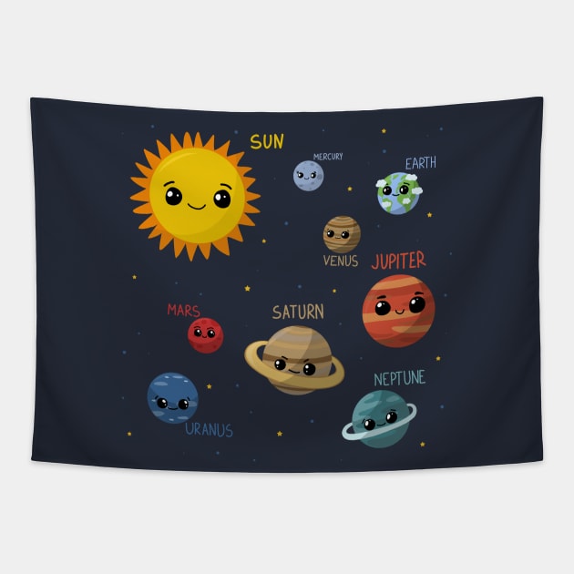 Kawaii Solar System Tapestry by valentinahramov