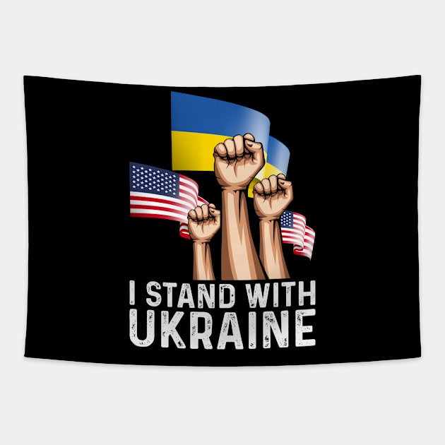 I Stand With Ukraine USA and Ukraine Flags Holding Hands Tapestry by BramCrye