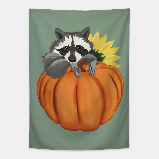 Raccoon, Pumpkin and Sunflower Tapestry by KateQR