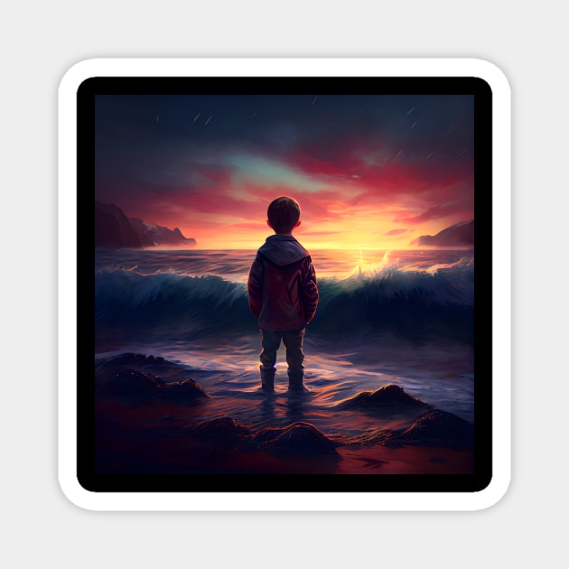 Young man standing on the beach enjoying the sunset one Magnet by MLArtifex