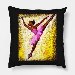 Black ballerina with gold background   ! beautiful  black girl with Afro hair and dark brown skin wearing a pink tutu.Hair love ! Pillow