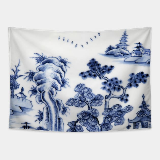 Antique willow ware oriental toile Tapestry by Closeddoor