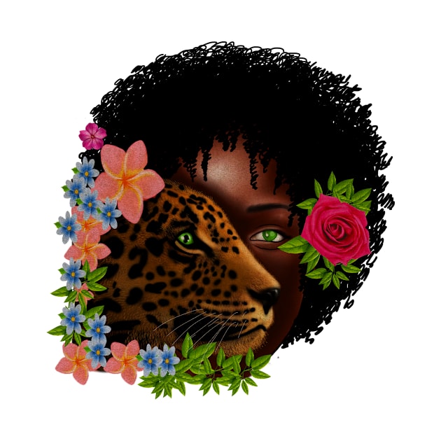 Afro African Woman with Leopard, Tropical Floral by dukito