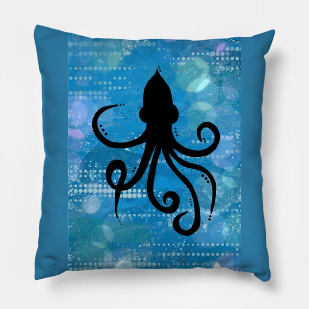 Squid Silhouette on a Blue Abstract Background Pillow by Tenpmcreations