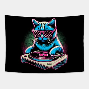 Retro Cat DJ Disco Rave Glow Party Music Funny Cat Tapestry