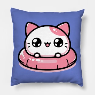 Kawaii Cat on a Pool Float Pillow