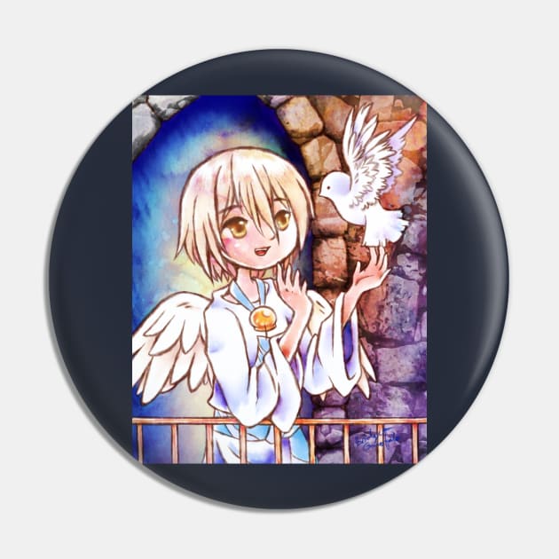 Angel and Dove Cute Original Anime Watercolor Painting Pin by BonBonBunny