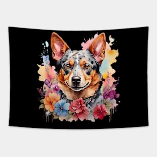 An australian cattle dog decorated with beautiful watercolor flowers Tapestry