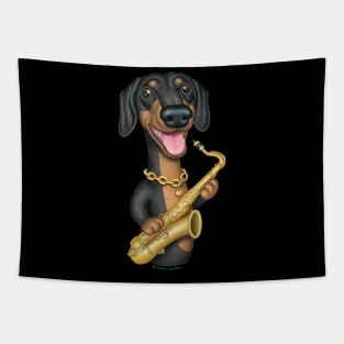 Cute Doxie Dog with saxophone on Dachshund Sax Player tee Tapestry