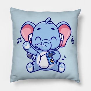 Cute Elephant Listening Music With Earphone Cartoon Pillow