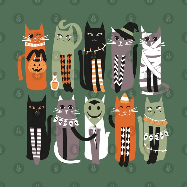 High Gothic Halloween Cats // print // green background orange brown sage green white and black kittens by SelmaCardoso