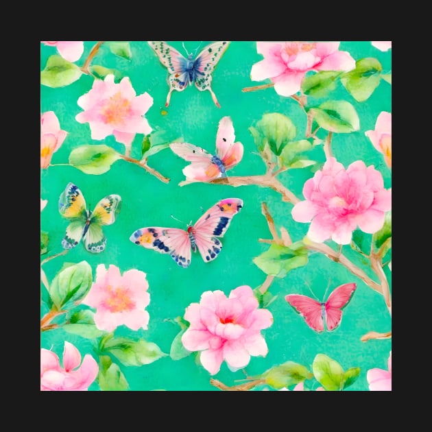 Preppy pink and green chinoiserie with peonies and butterflies by SophieClimaArt