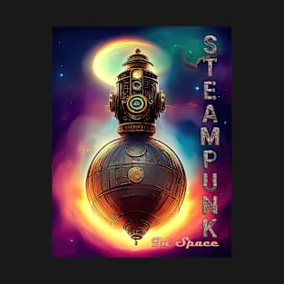 Steampunk In Space. Steampunk Spaceship With A Landing Module On Top Of It. Neon Colors T-Shirt