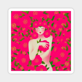 Cute girl with red flowers, version 6 Magnet