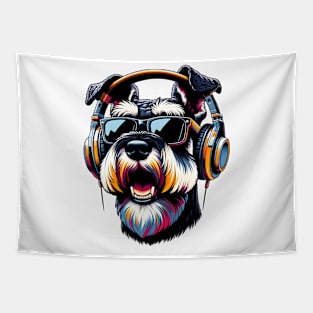 Giant Schnauzer Smiling DJ with Energetic Rhythm Tapestry