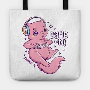 Cute pink gamer Cat playing with joystick Tote