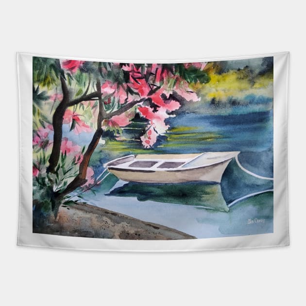 Boat on the lake Tapestry by Ala Lopatniov