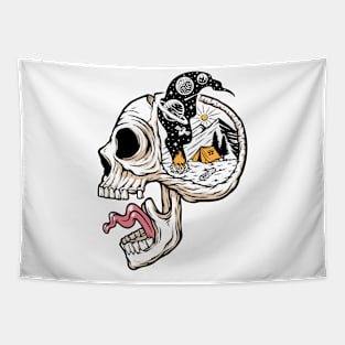 Skull With Camping Mind Tapestry