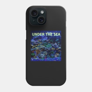 under the sea,blue sea,sea creatures,Turtle, puffer fish, starfish, shrimp, shark, tropical fish, sea horse, seaweed, sardines, squid, crabs, clams Phone Case